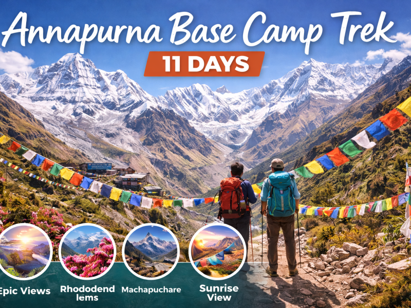 Trekkers walking toward Annapurna Base Camp with prayer flags, rhododendron flowers, and snow-covered Annapurna peaks during an 11-day trek in Nepal