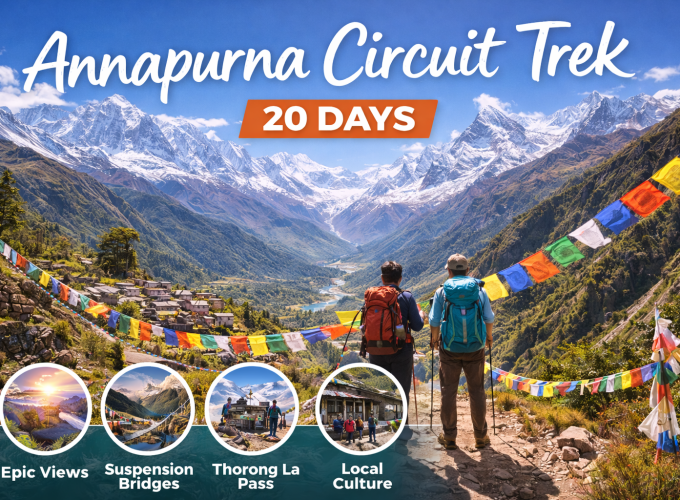 Trekkers overlooking the Annapurna Circuit trail with prayer flags, mountain villages, river valleys, and snow-capped Himalayan peaks in Nepal